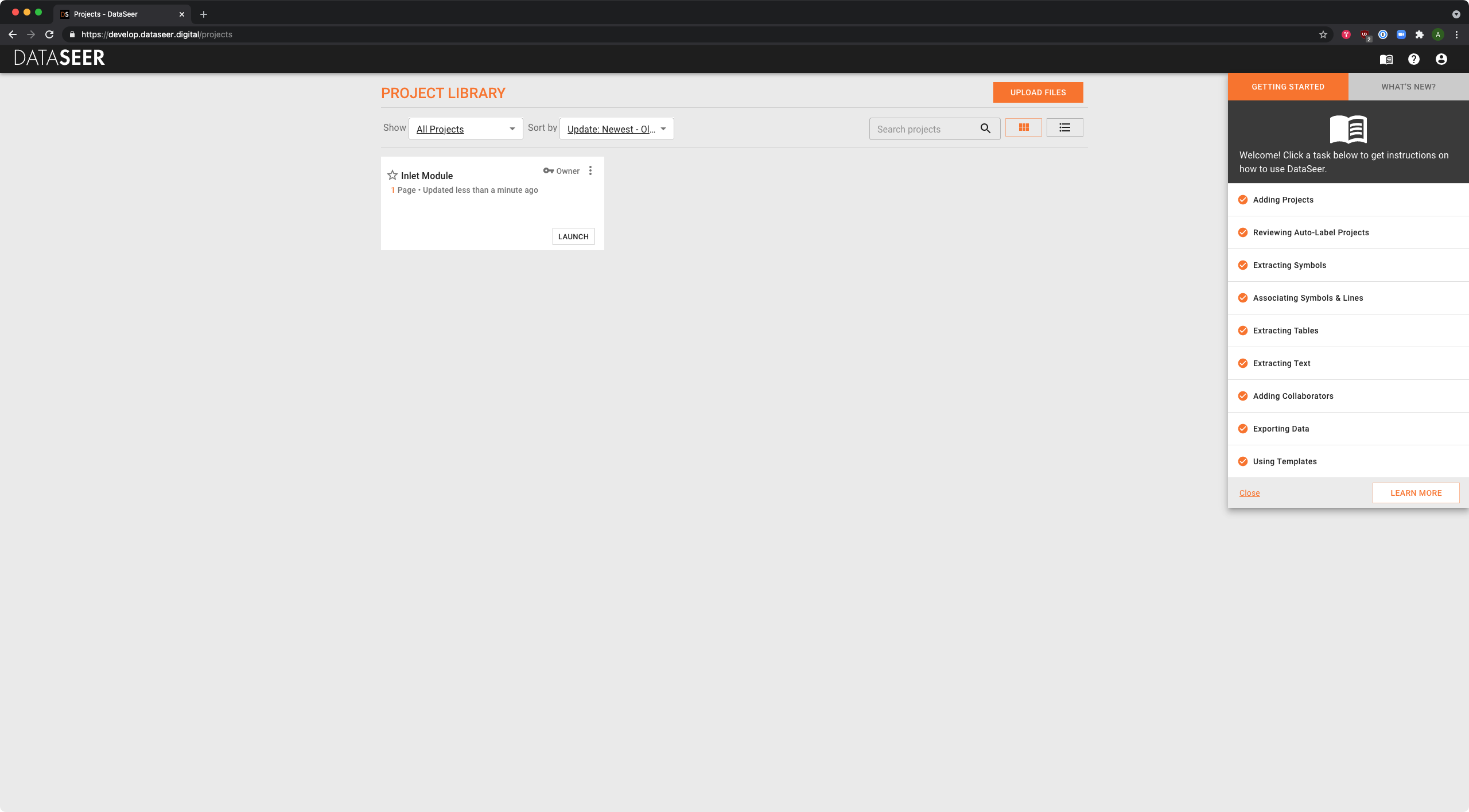 Launcher View — upload files and manage projects before extraction begins